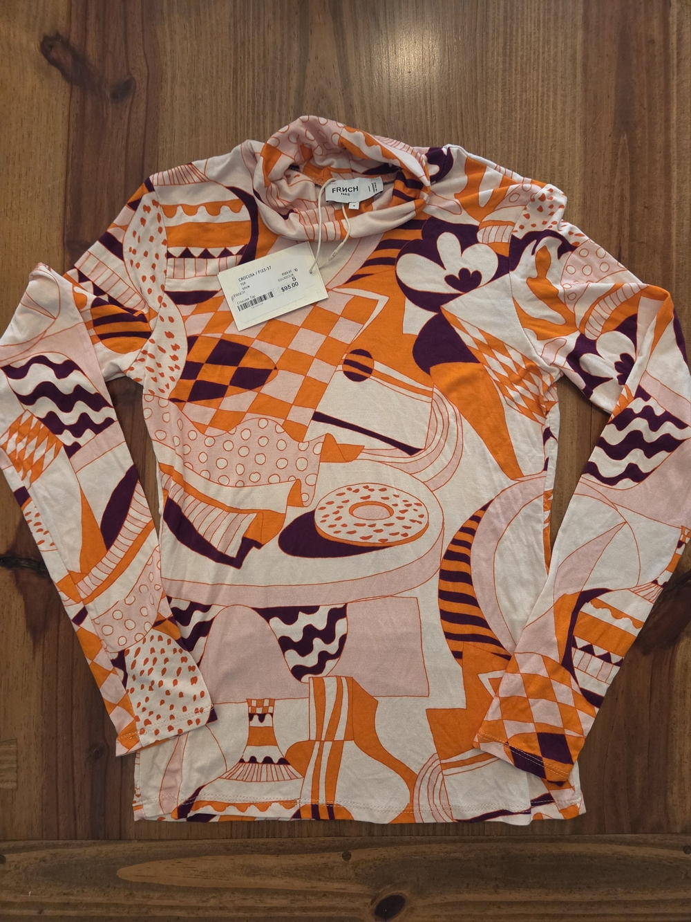 FRNCH Paris Crocusa Women’s Top Small Turtleneck Long Sleeve Geo Orange Pink NWT